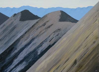 "Mt Pattison from Captains Peak" - View looking north from Captains Peak along the Two Thumb Range to Mt Pattisson and peak 2308m, during an Easter trip from Crooked Spur Hut. - Painting by Andy Buchanan, an artist from Canterbury, New Zealand.