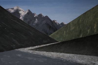 "Pascoe Ridge from Frances River" - Looking back up the Frances River to the Pascoe Ridge while walking down to the McCoy Hut after descending the Colin Campbell Glacier from the Garden of Eden. - Painting by Andy Buchanan, an artist from Canterbury, New Zealand.