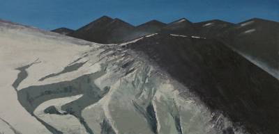 "Sale Glacier" - View of the Southern Alps over the Sale Glacier while climbing to the Bracken Snowfield from an Easter camp on the Whitcombe Pass. - Painting by Andy Buchanan, an artist from Canterbury, New Zealand.