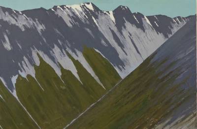 "Sudden Valley from The Pyramid" - A view of the Polar Range over Sudden Valley from the Pyramid, before descending a steep scree slope into the valley and back to the Hawdon. - Painting by Andy Buchanan, an artist from Canterbury, New Zealand.