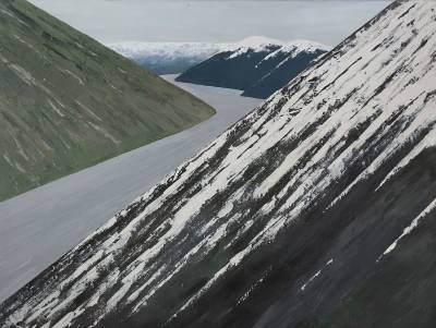 "Waimakariri from Mt Binser" - View west during descent after a traverse of Mt Binser - Painting by Andy Buchanan, an artist from Canterbury, New Zealand.