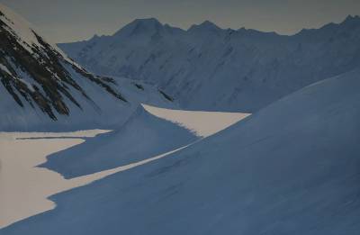 "Mt Cook and Tasman Saddle" - Painting by Andy Buchanan, an artist from Canterbury, New Zealand.