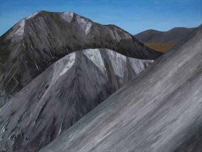 "Purple Hill from Baldy Hill" - The view southwest from Baldy Hill at the north end of the Craigieburn Range, looking over point 1305m to Purple Hill, and the Torlesse Range in the distance. - Painting by Andy Buchanan, an artist from Canterbury, New Zealand.