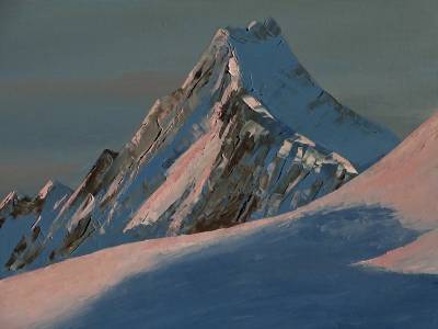 "Bismark Peaks from Pioneer Hut" - Painting by Andy Buchanan, an artist from Canterbury, New Zealand.