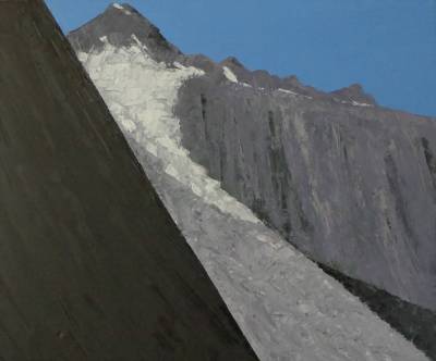 "Glacier on Mt Hooker" - One of many spectacular glaciers on the south face of Mt Hooker, during a climb of Mt Hooker from Marks Flat. - Painting by Andy Buchanan, an artist from Canterbury, New Zealand.