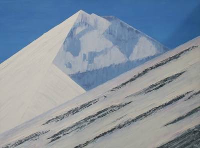 "Mt Aspiring from Cascade Saddle" - A distant view of Mt Aspiring during a summer trip from the Matukituki River over Cascade Saddle to climb Mt Liverpool. - Painting by Andy Buchanan, an artist from Canterbury, New Zealand.