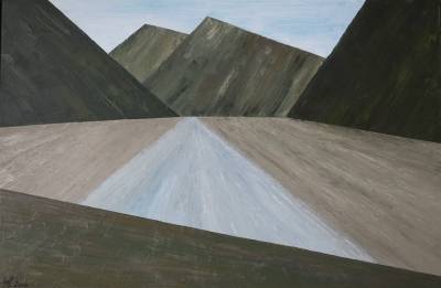 "Mt Barron from the Deception Footbridge" - View looking up the Otira River towards Mt Barron from a location near the Deception Footbridge. - Painting by Andy Buchanan, an artist from Canterbury, New Zealand.